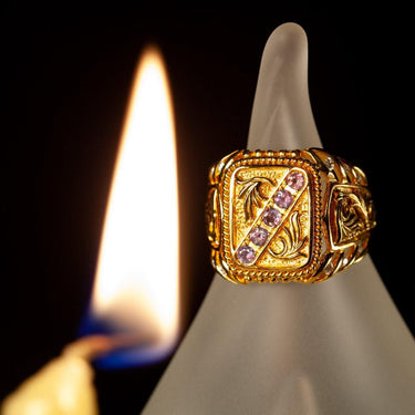 18k yellow gold men's signet ring with five natural alexandrite stones and ornate medieval design